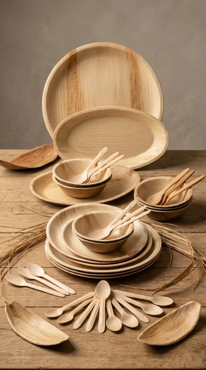 Stacked areca palm leaf plates and compostable tableware ready for export